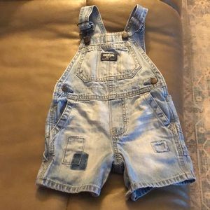 Osh Kosh patch and frayed denim short overalls